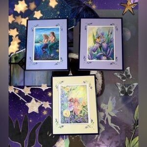 Vintage Original Whimsical Twee Framed Fairy & Mermaid Art Set